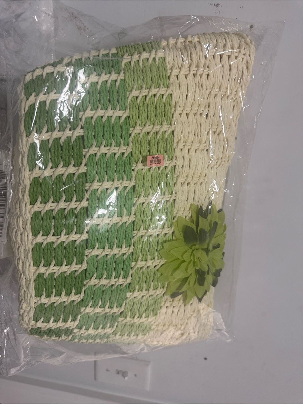 Green & Cream Woven Floral Accent Clutch